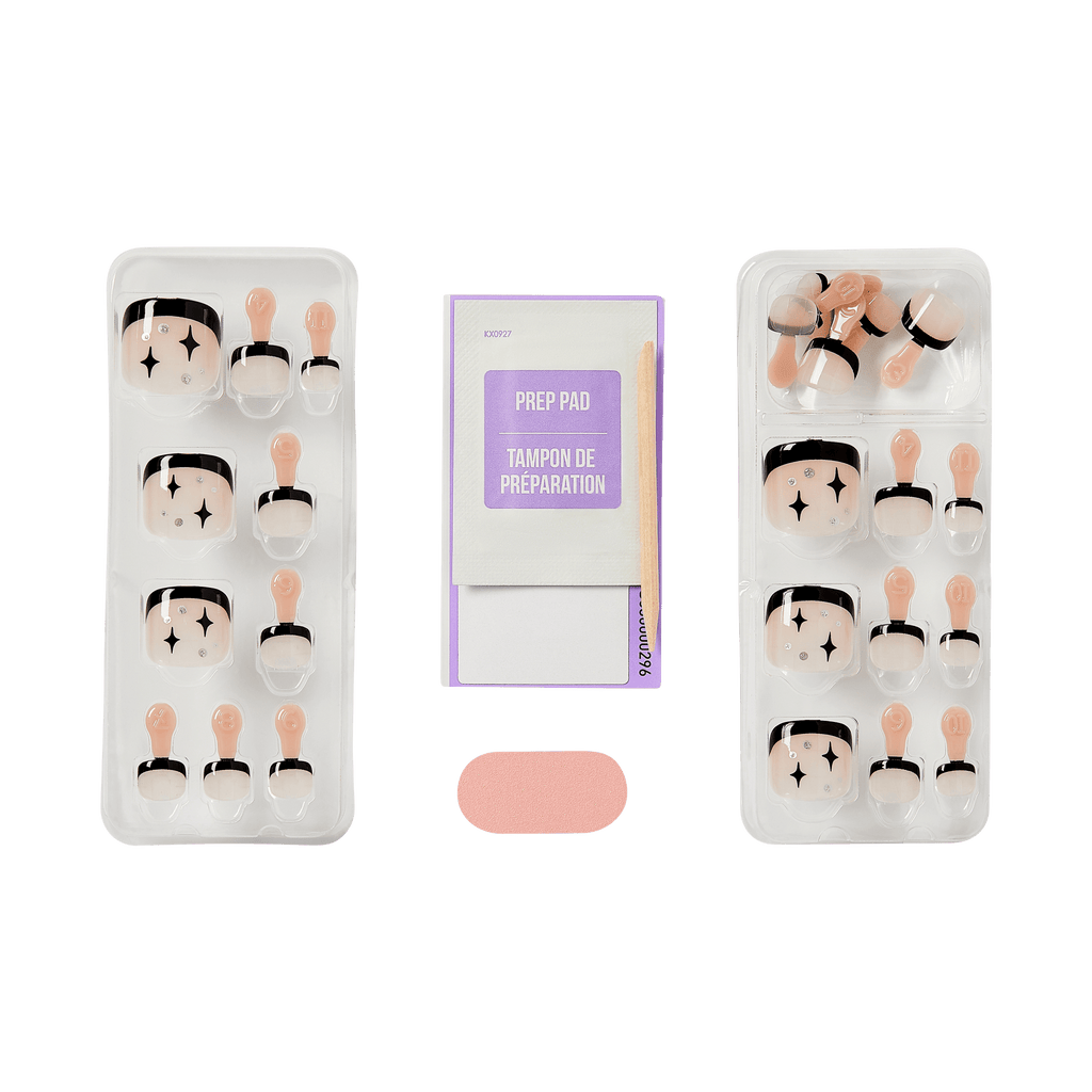 Impress Design No Glue Fake Press On Toenails - Paradise | French Design, Black, Short, Squoval, Pedicure