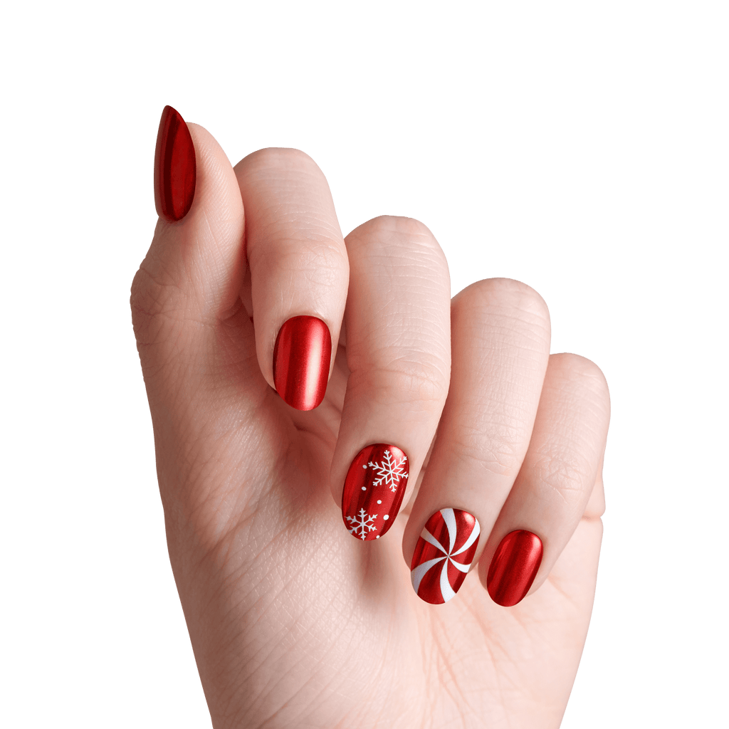 Impress Holiday Design No Glue Fake Press On Nails - Merry n Bright | Design, Red, Short, Oval, Manicure