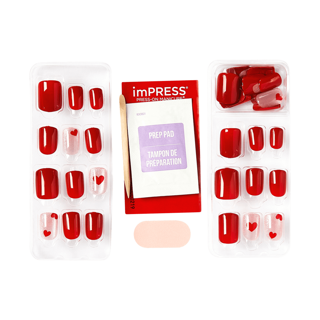 Impress Design No Glue Fake Press On Nails - Good 4 You | Design, Pink & Red, Short, Squoval, Manicure