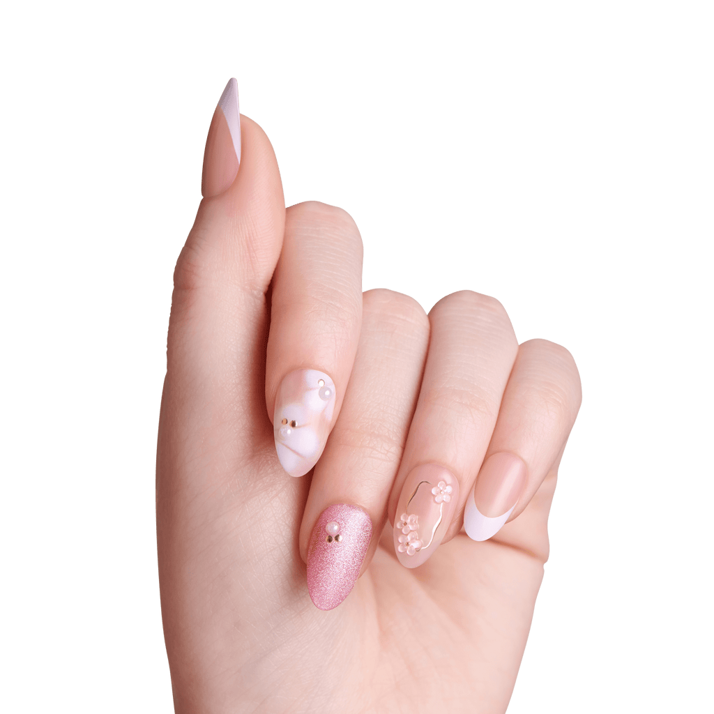 Impress Design No Glue Fake Press On Nails - Bloom Luxe | 3D & Jewel Design, Pink, Medium, Almond, Manicure