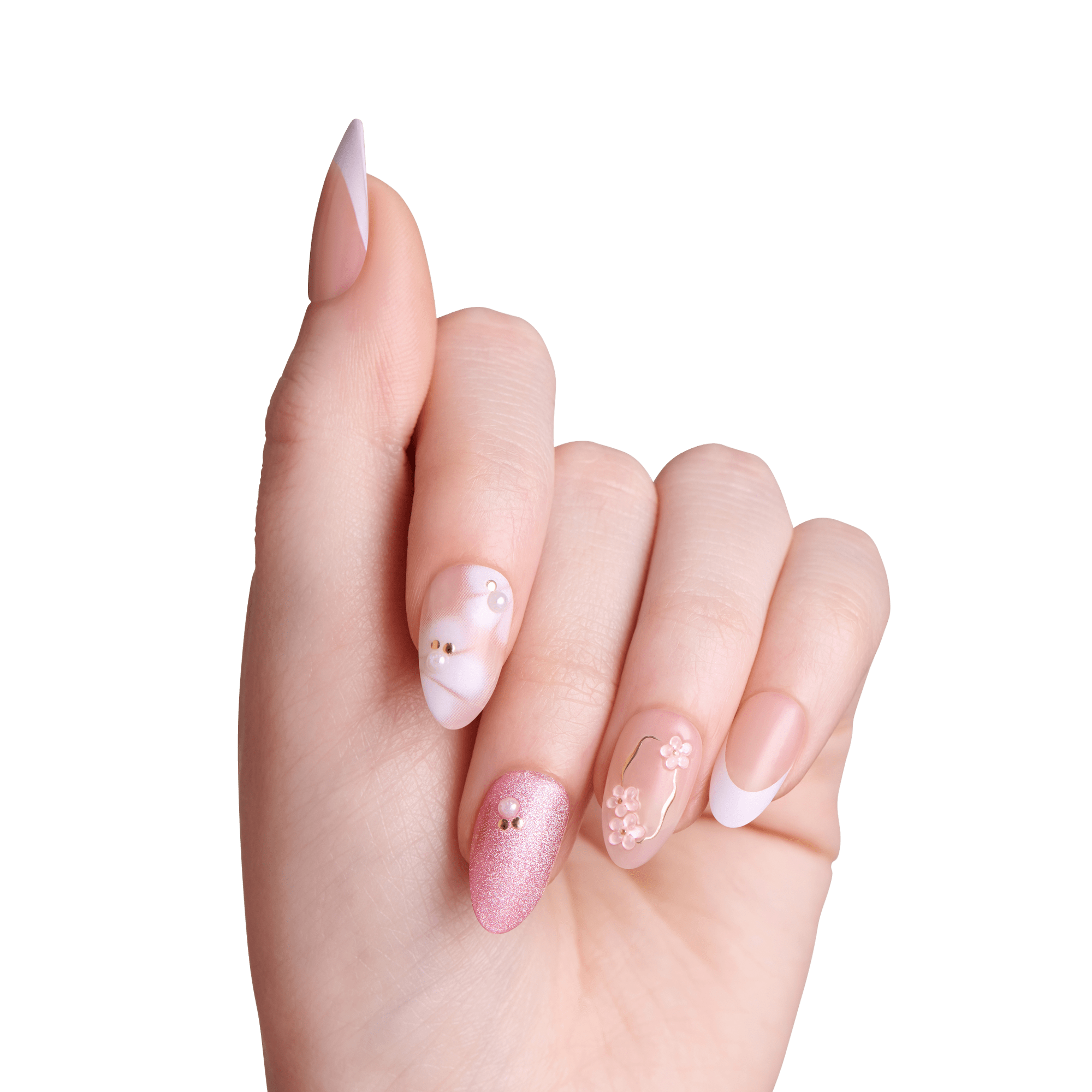 Impress Design No Glue Fake Press On Nails - Bloom Luxe | 3D & Jewel Design, Pink, Medium, Almond, Manicure
