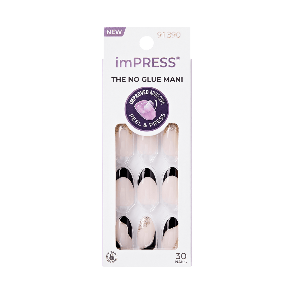 Impress French No Glue Fake Press On Nails - Illusion | French Design, Black, Medium, Almond, Manicure