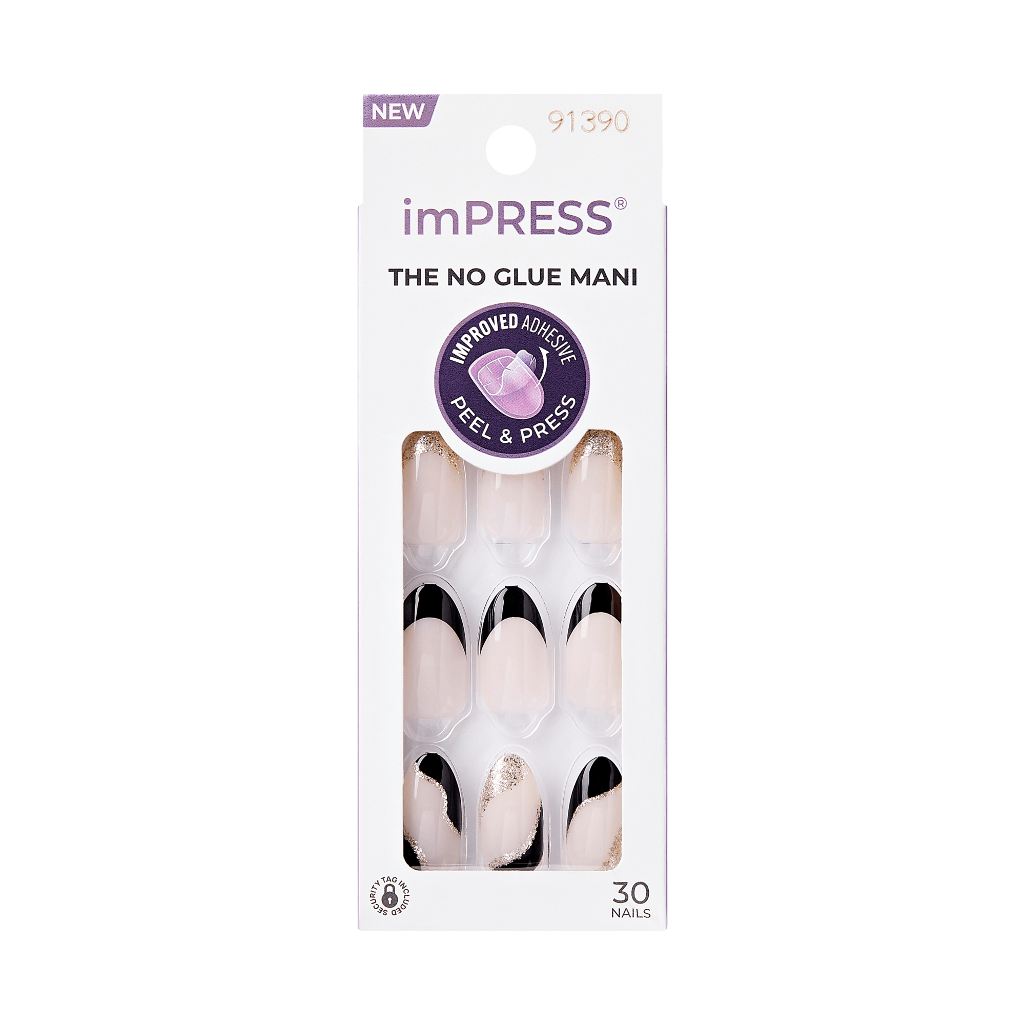 Impress French No Glue Fake Press On Nails - Illusion | French Design, Black, Medium, Almond, Manicure