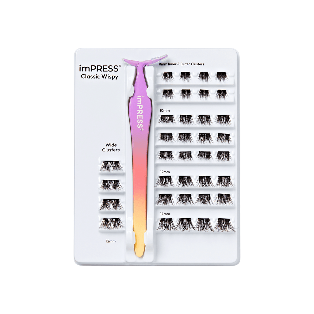 Impress Falsies Pre-Glued False Eyelashes Starter Kit - Classic Wispy | 36 Lash Clusters, With Applicator, 8mm-14mm