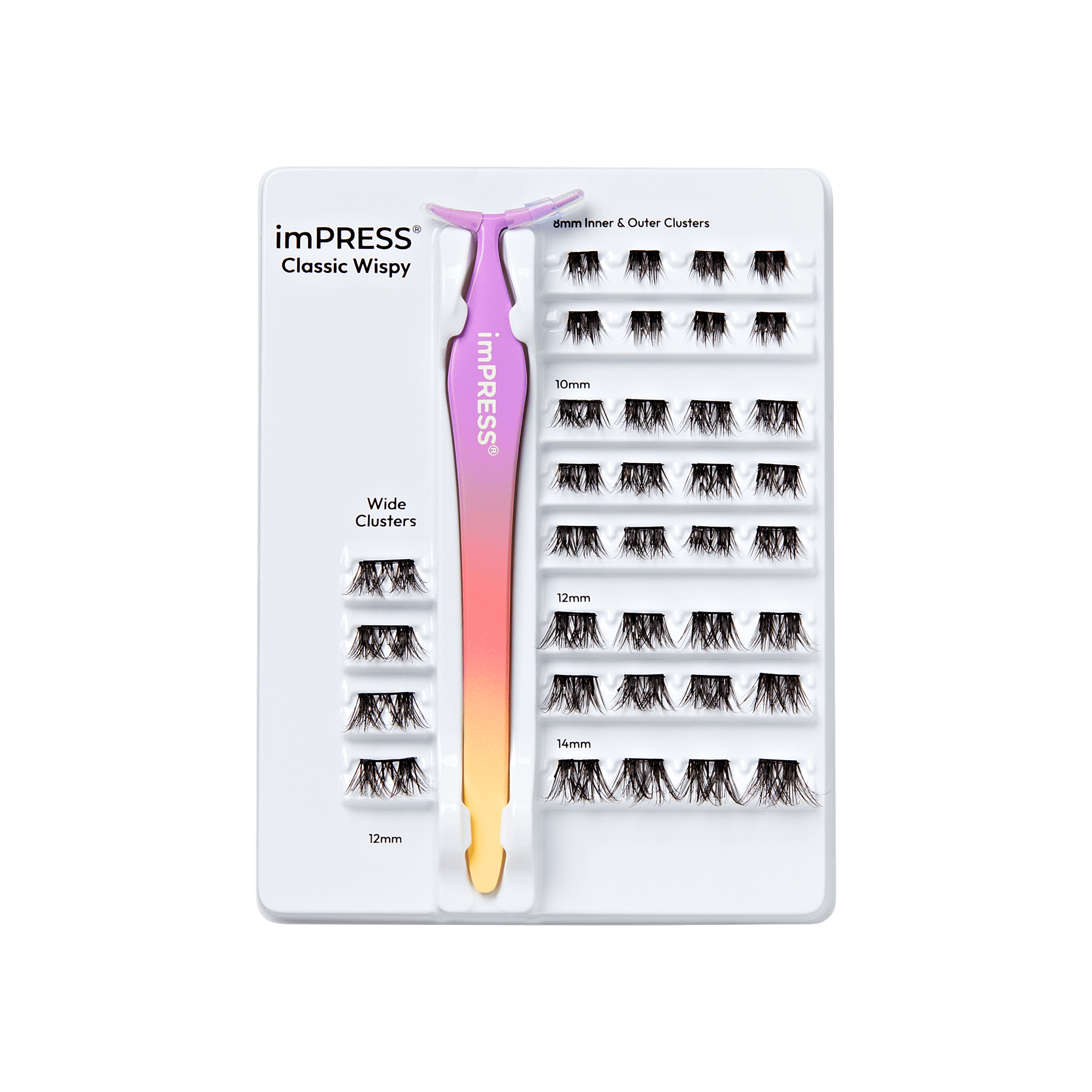 Impress Falsies Pre-Glued False Eyelashes Starter Kit - Classic Wispy | 36 Lash Clusters, With Applicator, 8mm-14mm