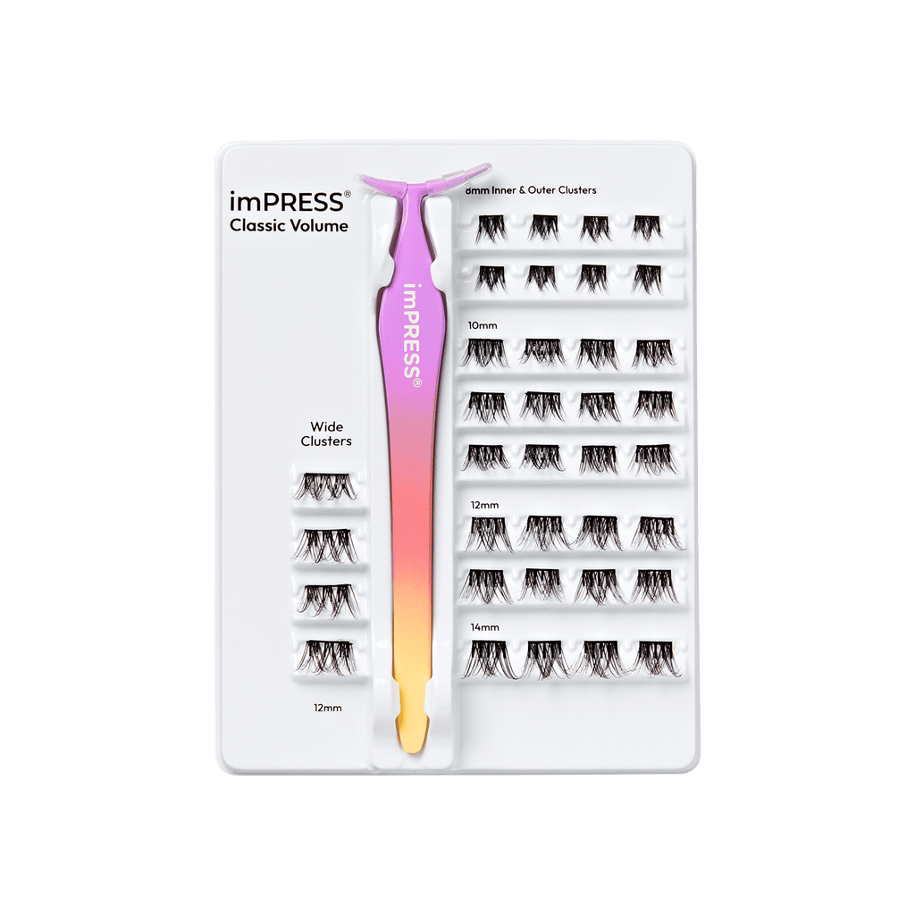Impress Falsies Pre-Glued False Eyelashes Starter Kit - Classic Volume | 36 Lash Clusters, With Applicator, 12mm-14mm
