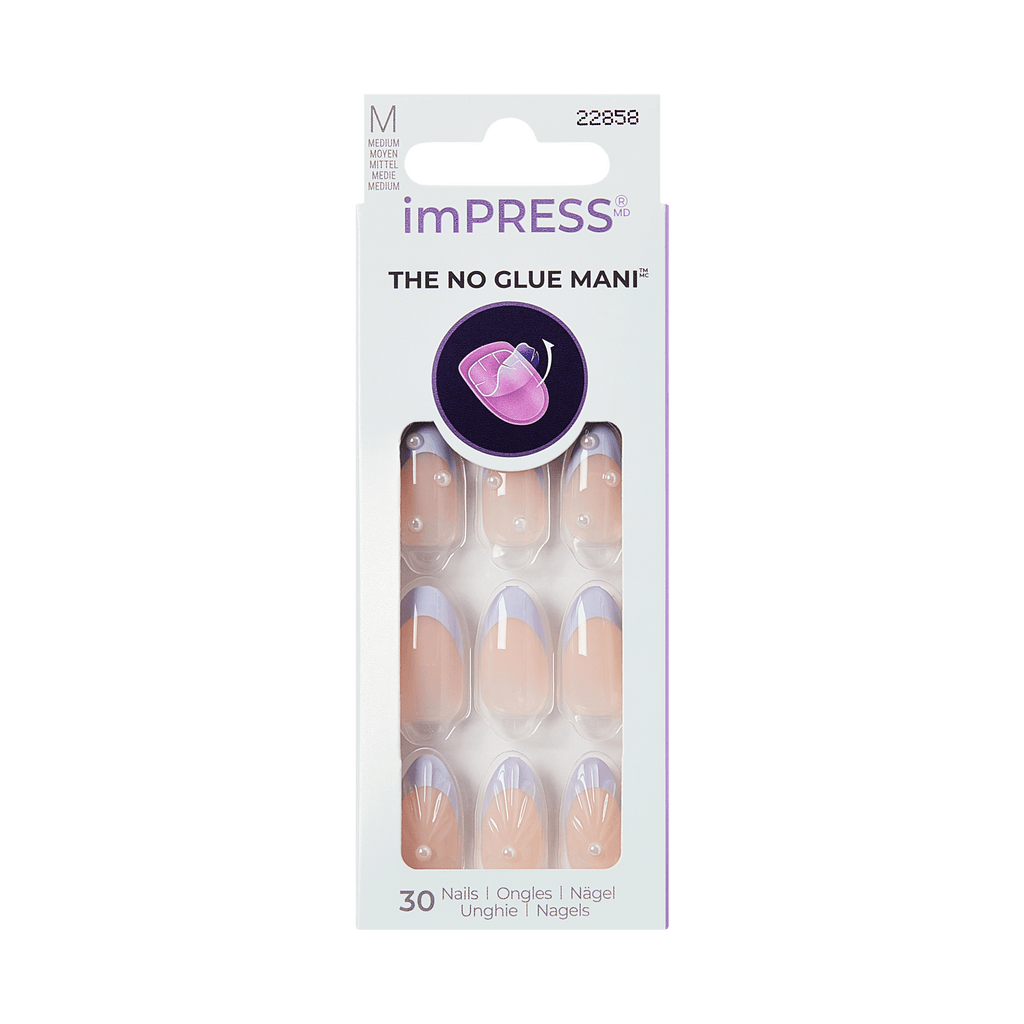 Impress Design No Glue Fake Press On Nails - Sky Breeze | 3D & Jewel French, Purple, Medium, Almond, Manicure
