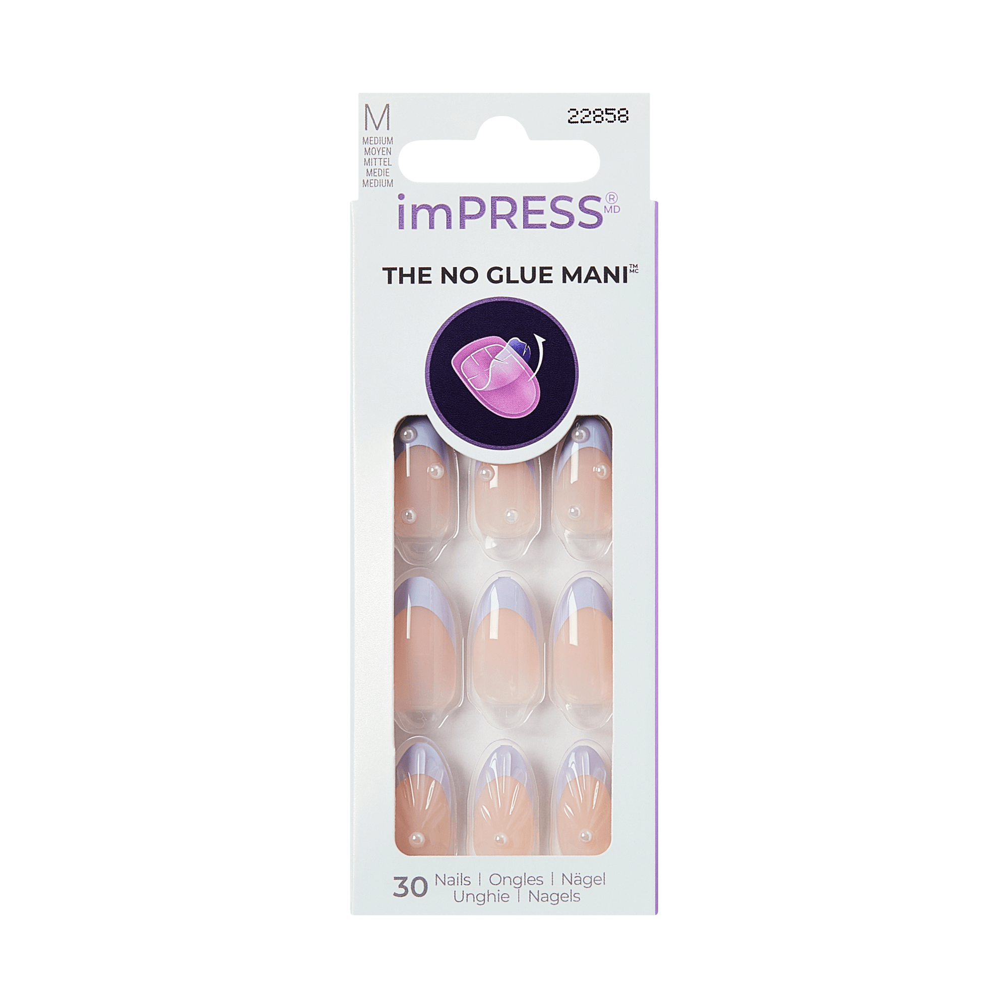 Impress Design No Glue Fake Press On Nails - Sky Breeze | 3D & Jewel French, Purple, Medium, Almond, Manicure