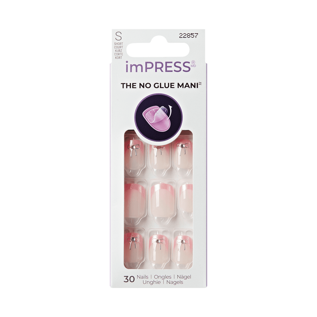 Impress Design No Glue Fake Press On Nails - Soft Petals | 3D & Jewel French Design, Pink, Short, Squoval, Manicure
