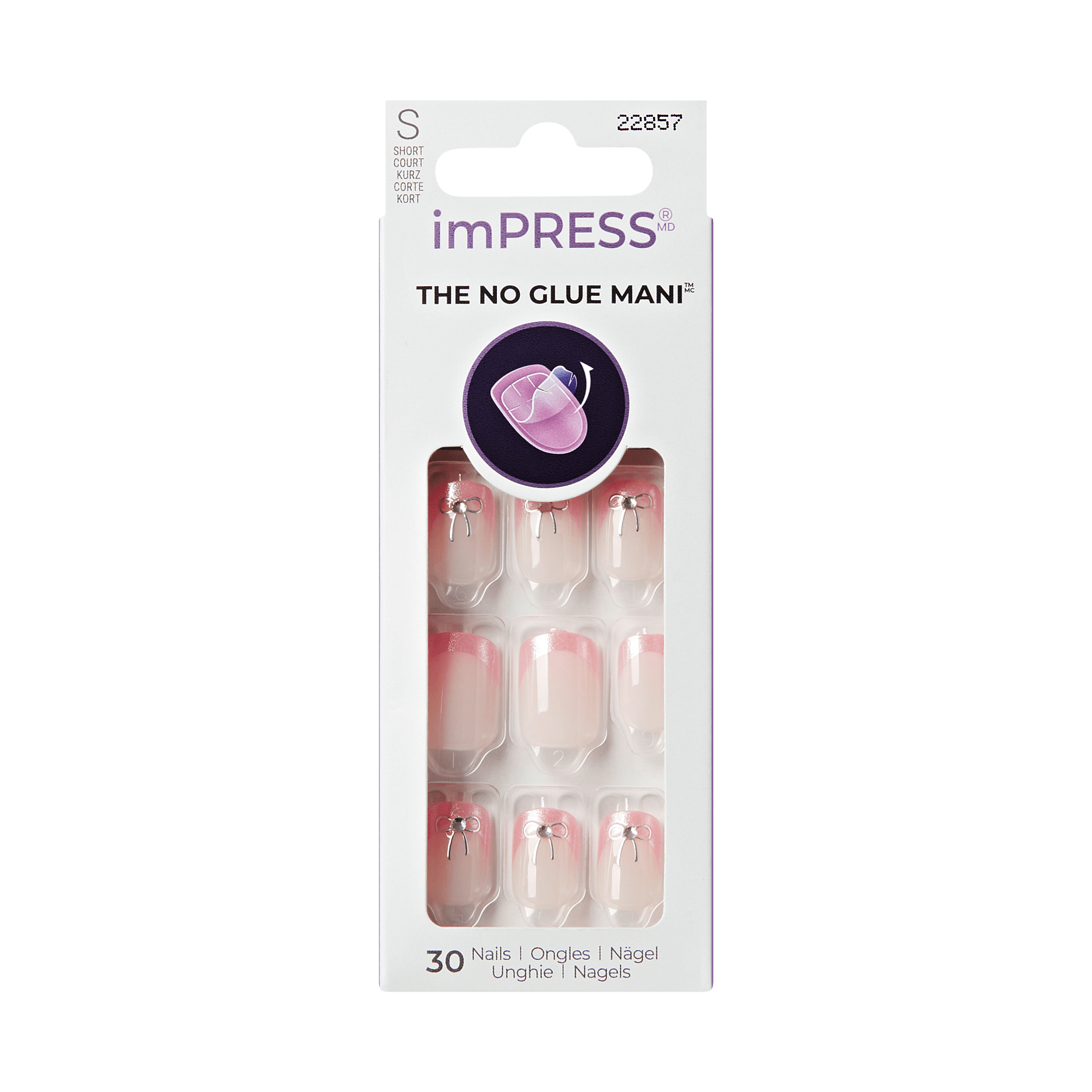 Impress Design No Glue Fake Press On Nails - Soft Petals | 3D & Jewel French Design, Pink, Short, Squoval, Manicure