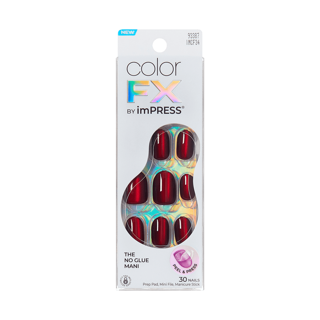 colorFX by Impress No Glue Fake Press On Nails - Hidden Gem | Solid, Red, Short, Oval, Manicure