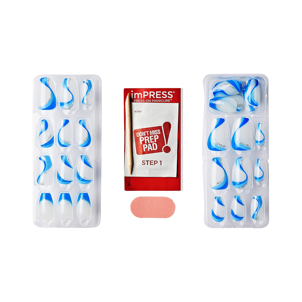 Impress Design No Glue Fake Press On Nails- Mesmerize | French Design, Blue, Medium, Coffin, Manicure
