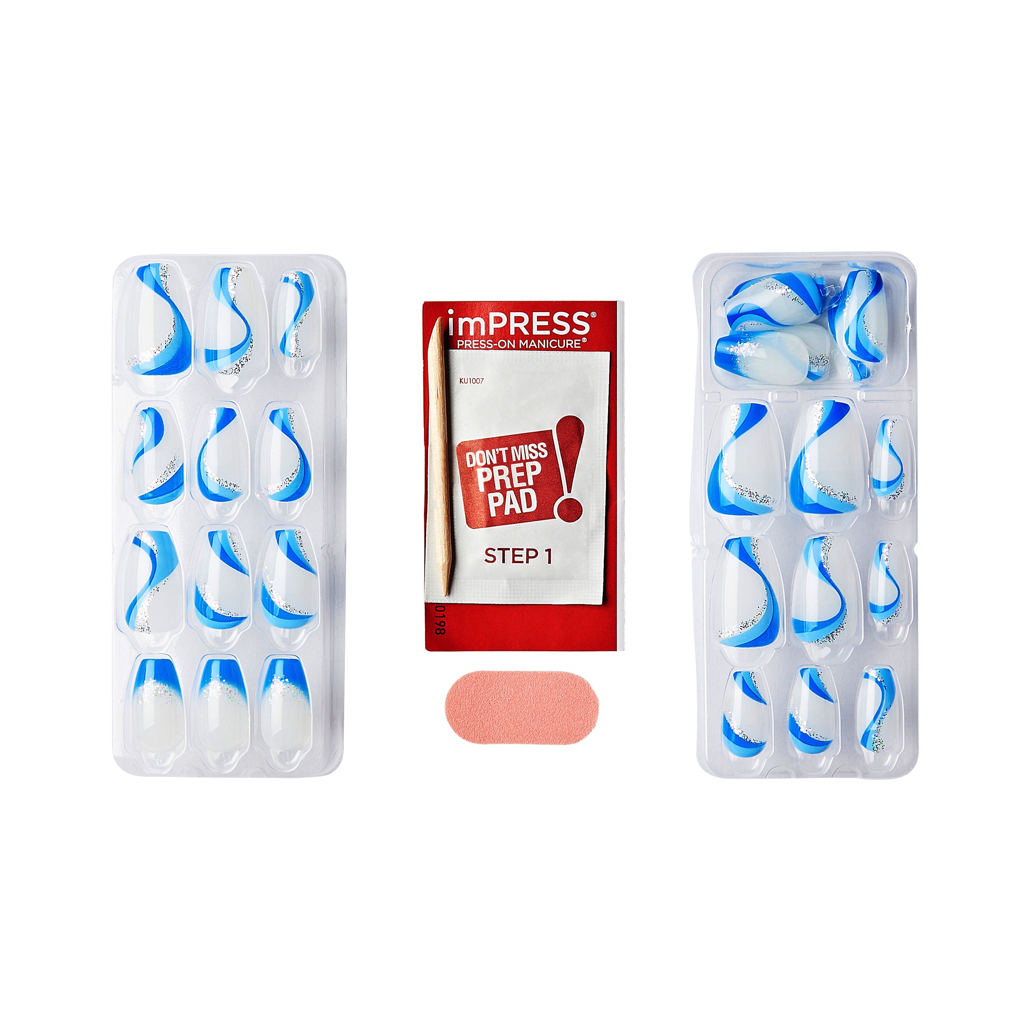 Impress Design No Glue Fake Press On Nails- Mesmerize | French Design, Blue, Medium, Coffin, Manicure