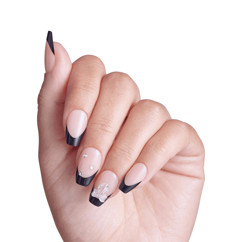 Impress Design No Glue Fake Press On Nails - By The River | 3D & Jewel French, Black, Medium, Coffin, Manicure