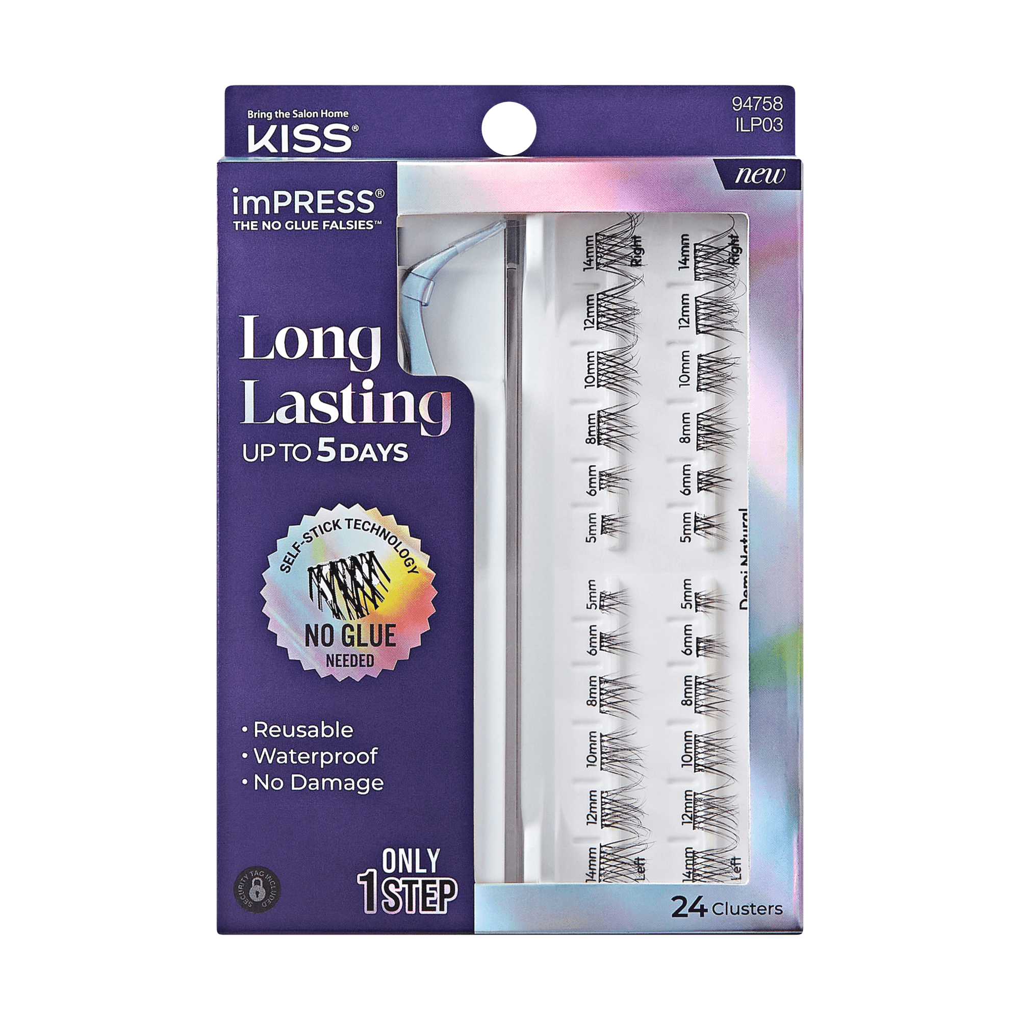 Impress Falsies Long Lasting Pre-Glued False Eyelashes Starter Kit - Demi Natural | 24 Lash Clusters, With Applicator, Up To 5 Day Wear, 5mm-14mm