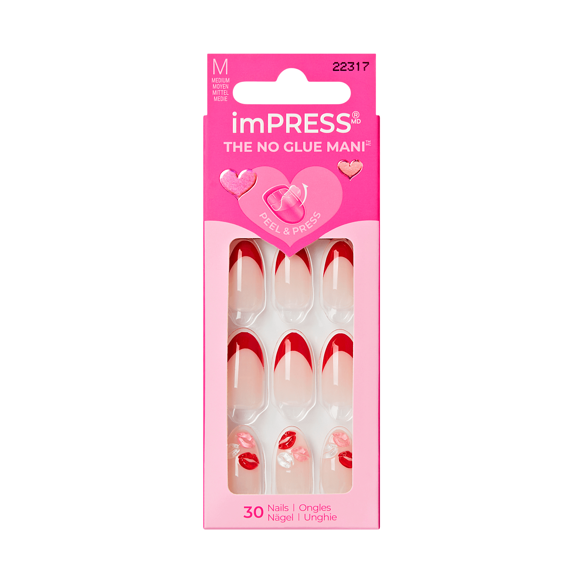 Impress Design No Glue Fake Press On Nails - Lover | 3D & Jewel French Design, Red, Medium, Almond, Manicure