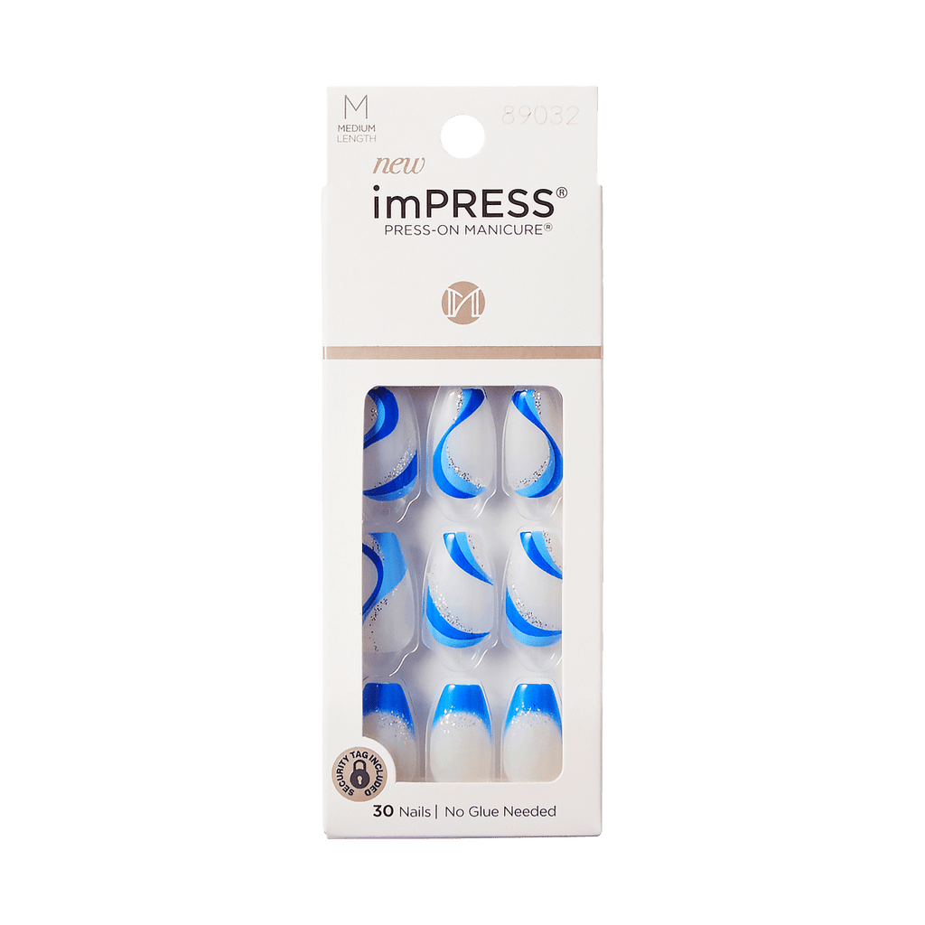 Impress Design No Glue Fake Press On Nails- Mesmerize | French Design, Blue, Medium, Coffin, Manicure