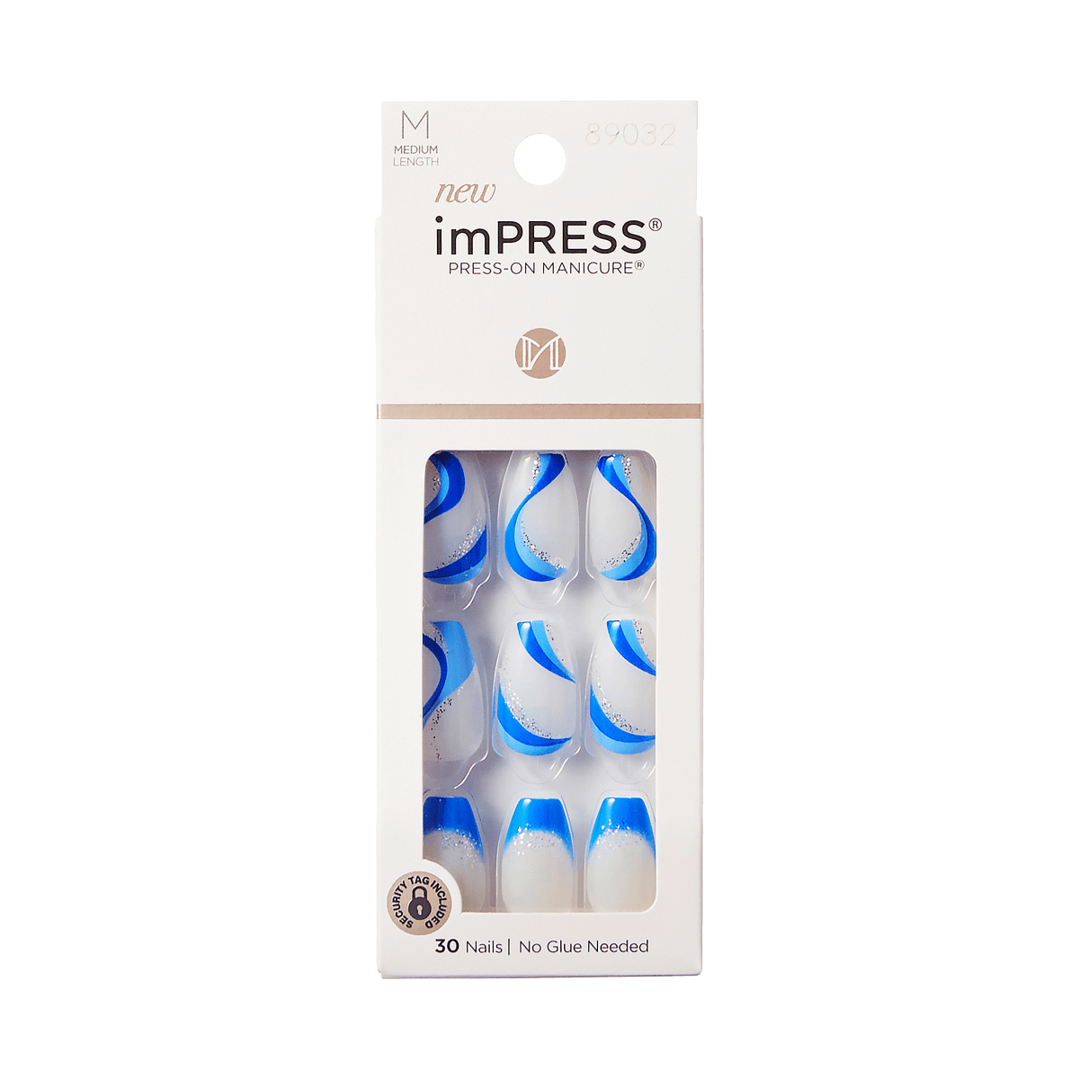 Impress Design No Glue Fake Press On Nails- Mesmerize | French Design, Blue, Medium, Coffin, Manicure