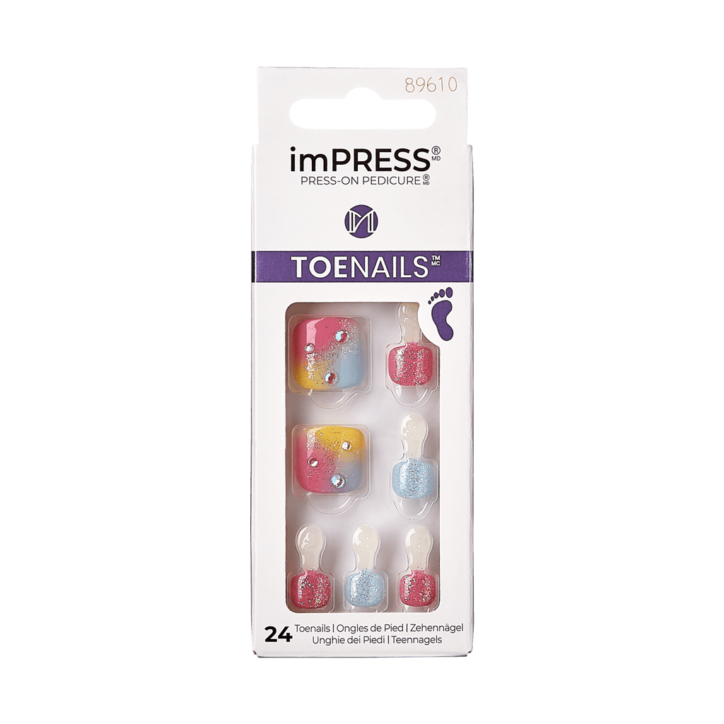 Impress Design No Glue Fake Press On Toenails - Better Days | 3D & Jewel, Multicolor, Short, Square, Pedicure
