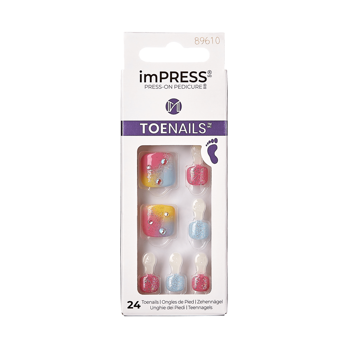 Impress Design No Glue Fake Press On Toenails - Better Days | 3D & Jewel, Multicolor, Short, Square, Pedicure