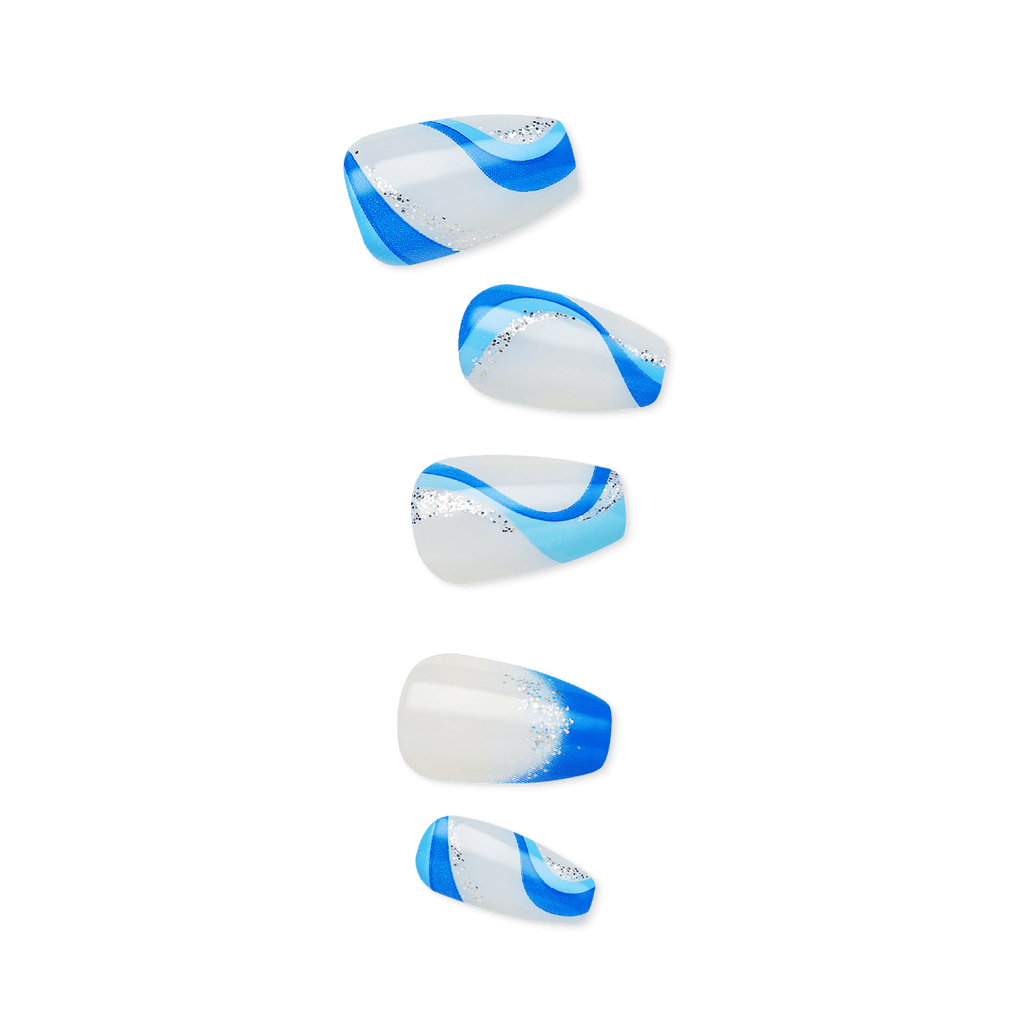 Impress Design No Glue Fake Press On Nails- Mesmerize | French Design, Blue, Medium, Coffin, Manicure