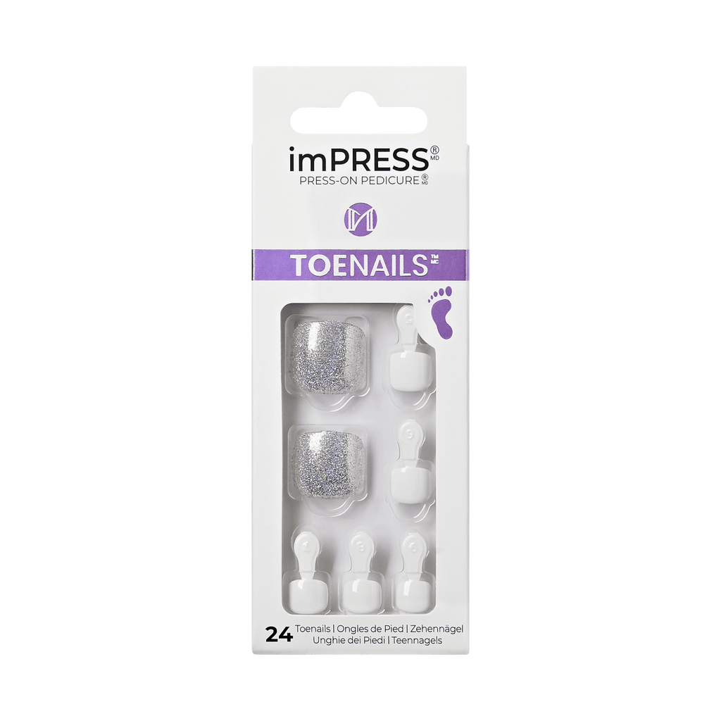 Impress Design No Glue Fake Press On Toenails - White Sky | Solid, Silver, Short, Square, Pedicure