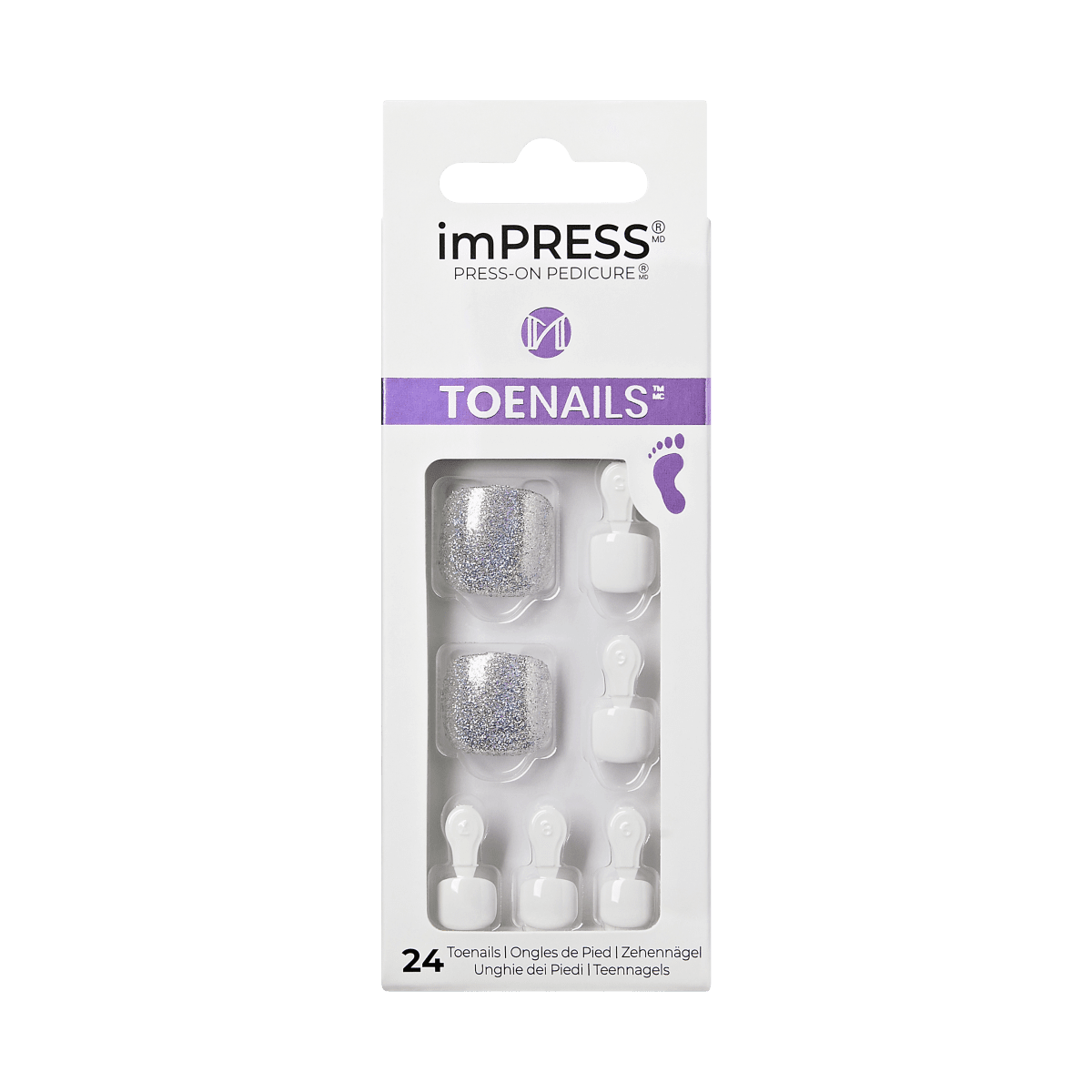 Impress Design No Glue Fake Press On Toenails - White Sky | Solid, Silver, Short, Square, Pedicure