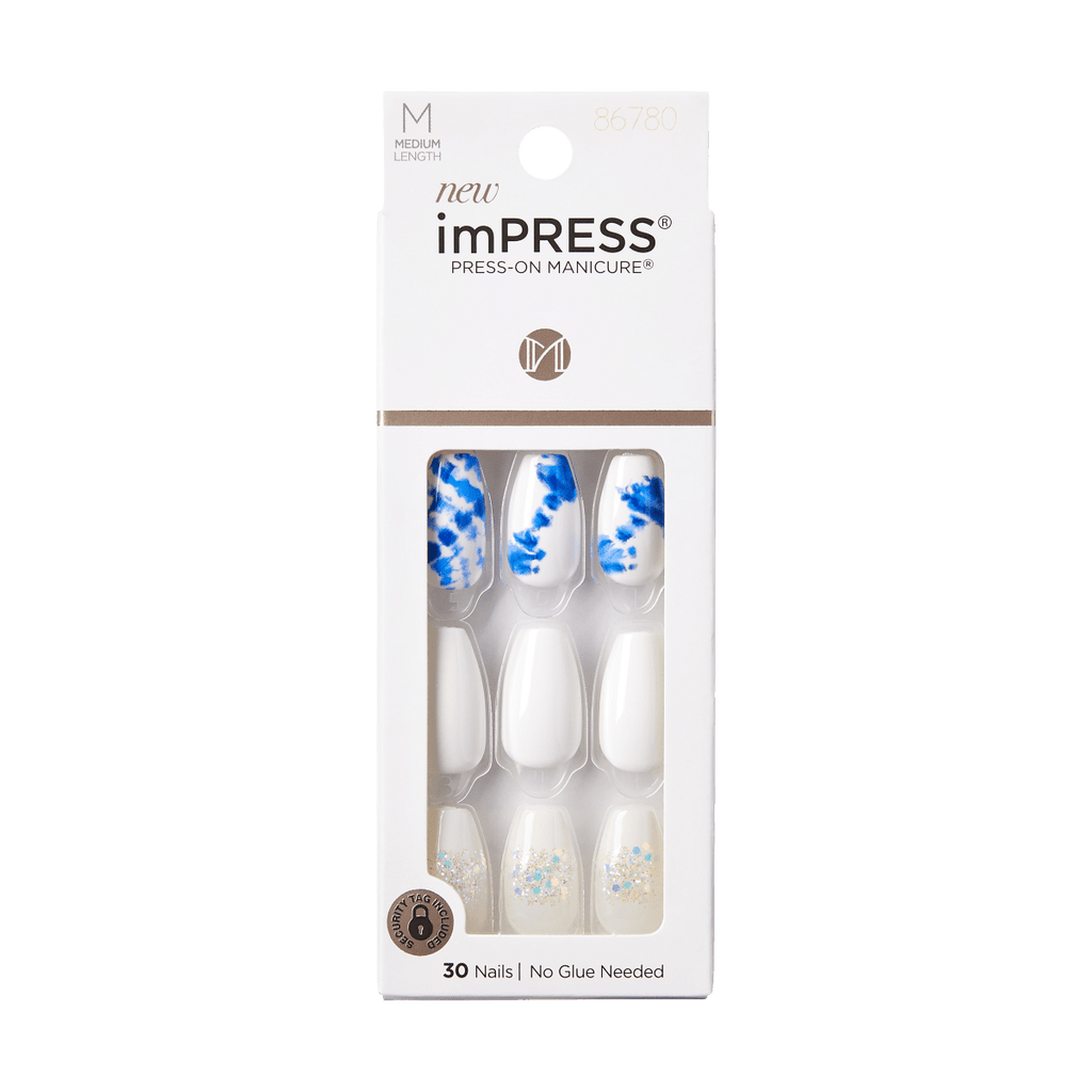 Impress Design No Glue Fake Press On Nails - Riviera Paradise | Design, Blue & White, Medium, Coffin, Manicure
