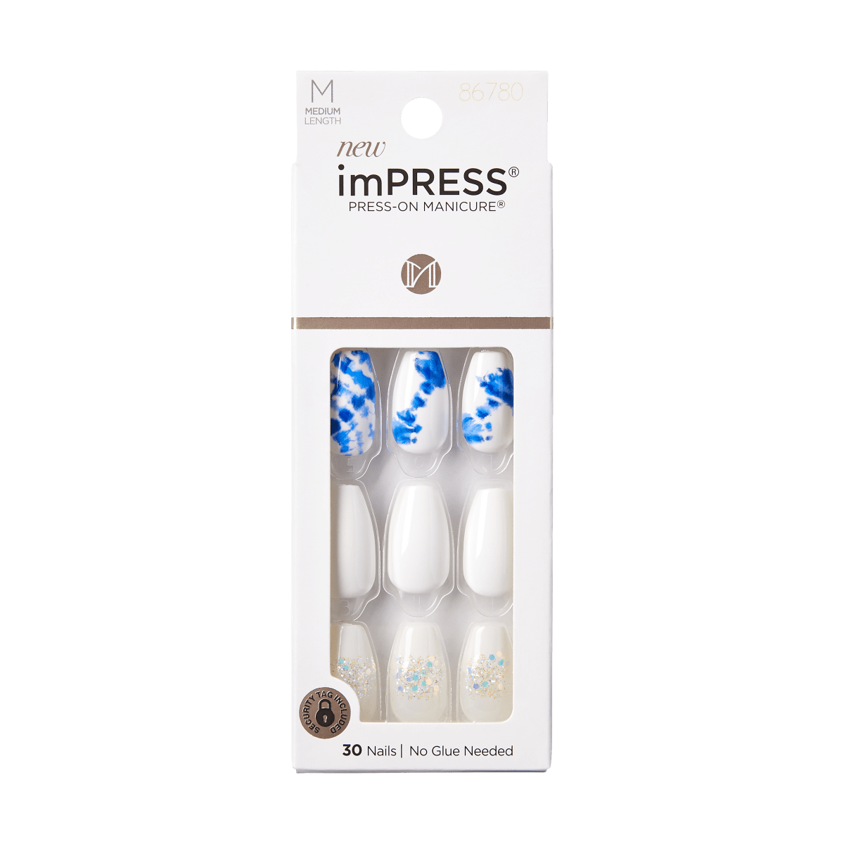 Impress Design No Glue Fake Press On Nails - Riviera Paradise | Design, Blue & White, Medium, Coffin, Manicure