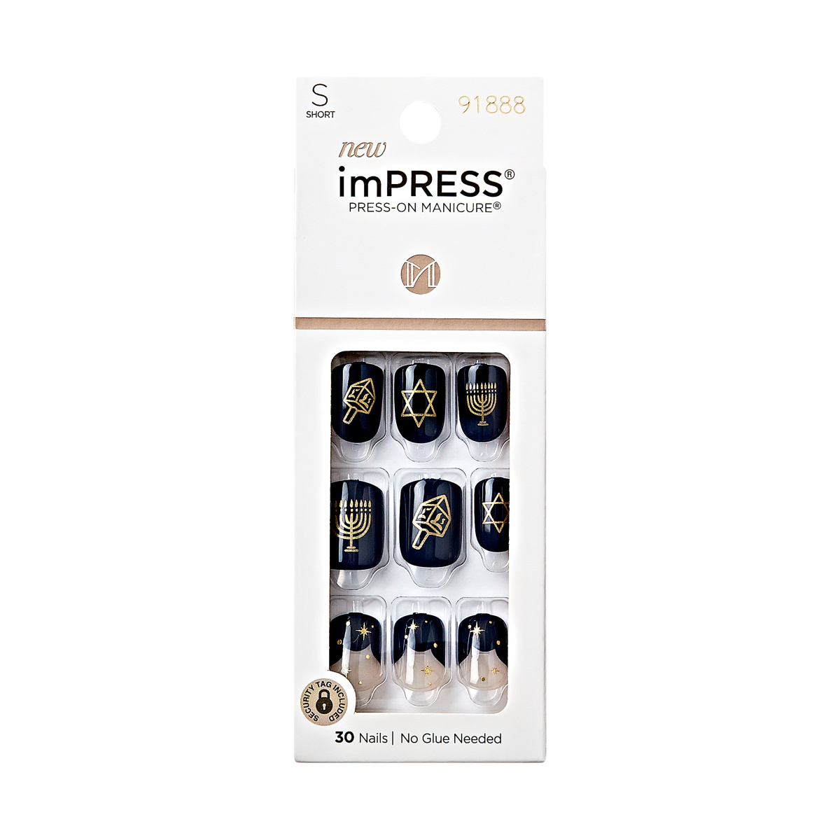 Impress Design Limited-Edition Hanukkah No Glue Fake Press On Nails - 8 Nights | Design, Blue, Short, Squoval, Manicure