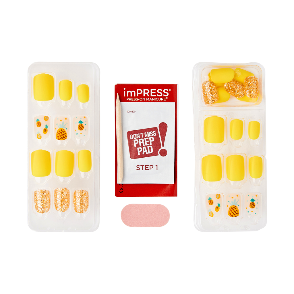Impress Design No Glue Fake Press On Nails - Sun Daze | Design, Yellow, Short, Squoval, Manicure