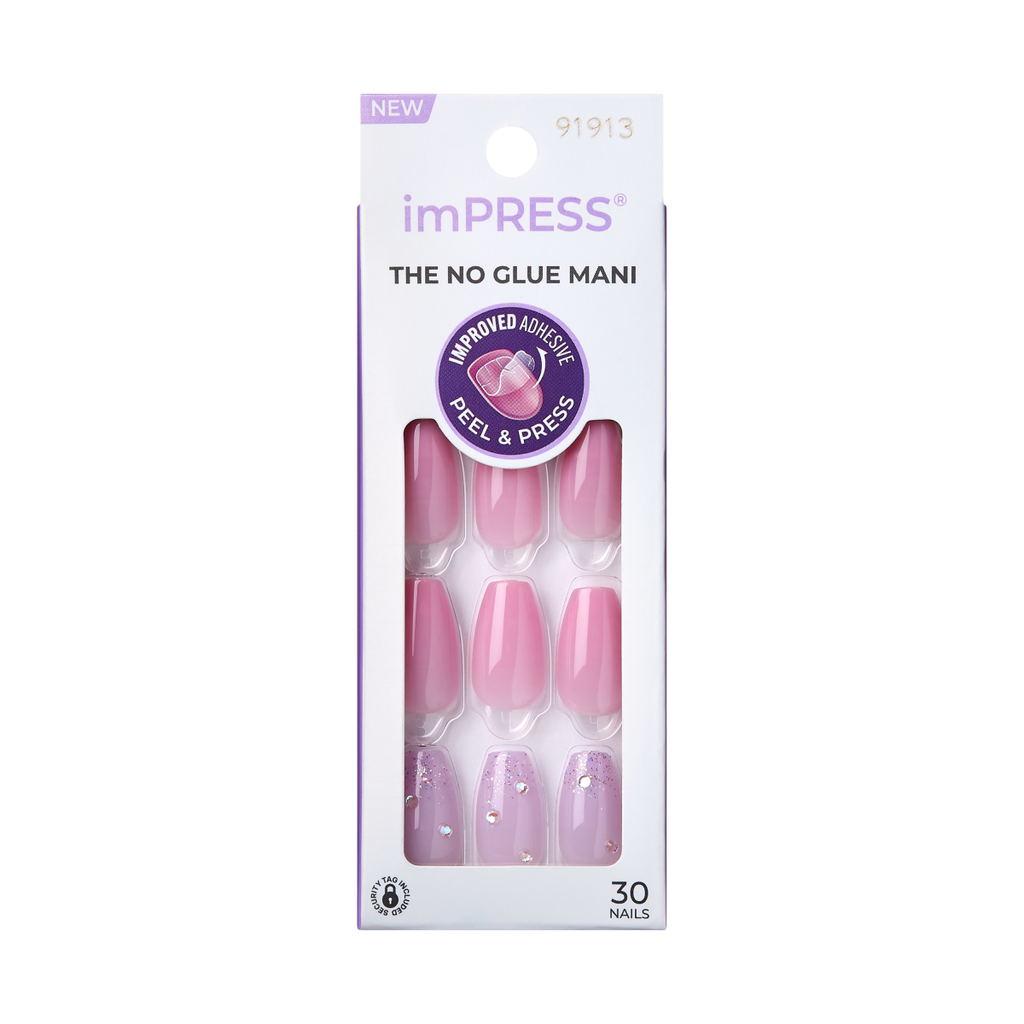 Impress Design No Glue Fake Press On Nails - Moonlit | 3D & Jewel, Pink, Medium, Coffin, Manicure