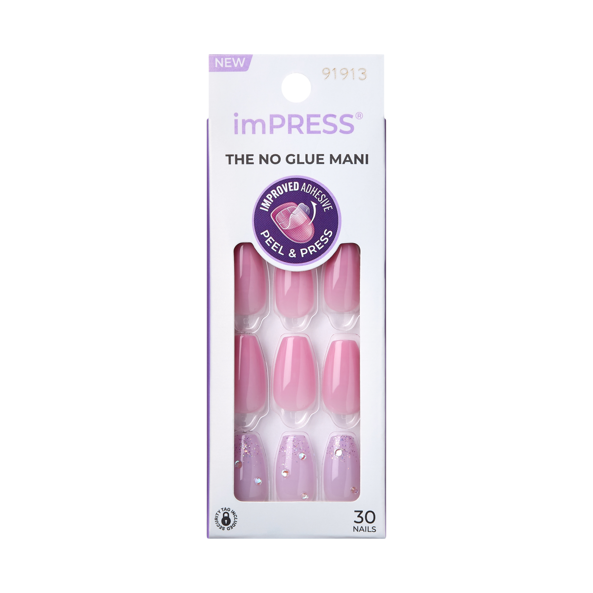 Impress Design No Glue Fake Press On Nails - Moonlit | 3D & Jewel, Pink, Medium, Coffin, Manicure