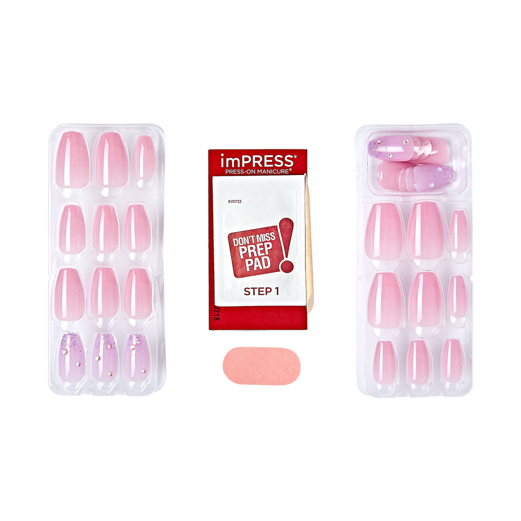 Impress Design No Glue Fake Press On Nails - Moonlit | 3D & Jewel, Pink, Medium, Coffin, Manicure