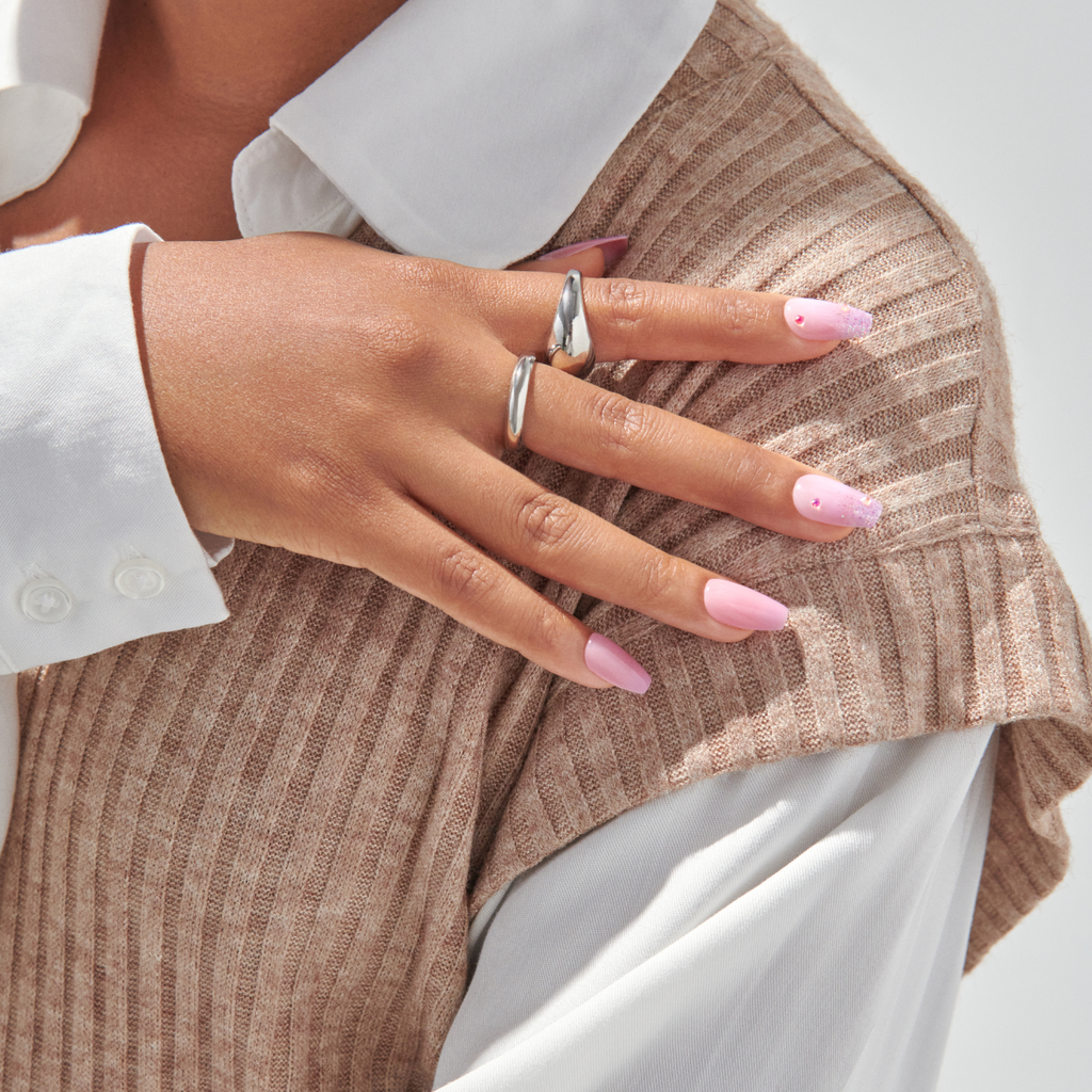 Impress Design No Glue Fake Press On Nails - Moonlit | 3D & Jewel, Pink, Medium, Coffin, Manicure