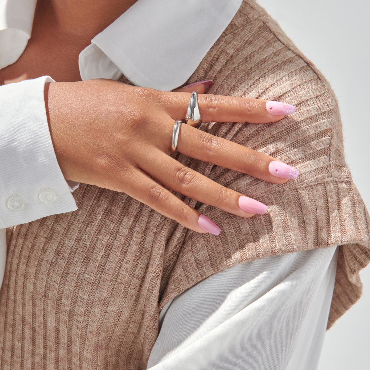 Impress Design No Glue Fake Press On Nails - Moonlit | 3D & Jewel, Pink, Medium, Coffin, Manicure