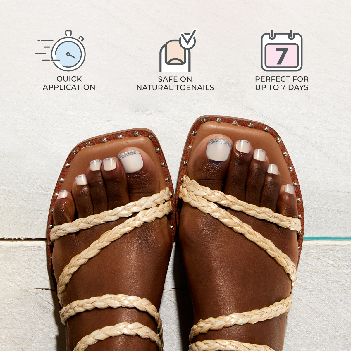 Impress Design No Glue Fake Press On Toenails - Rose Mist | Design, Black & White, Short, Square, Pedicure