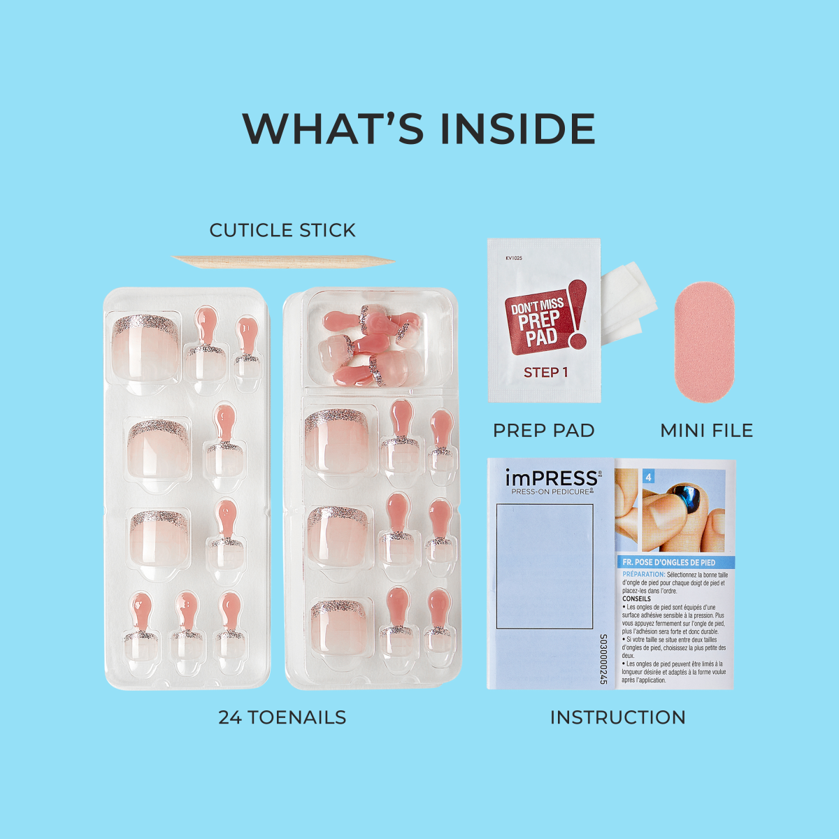 Impress Design No Glue Fake Press On Toenails - Rose Mist | Design, Black & White, Short, Square, Pedicure