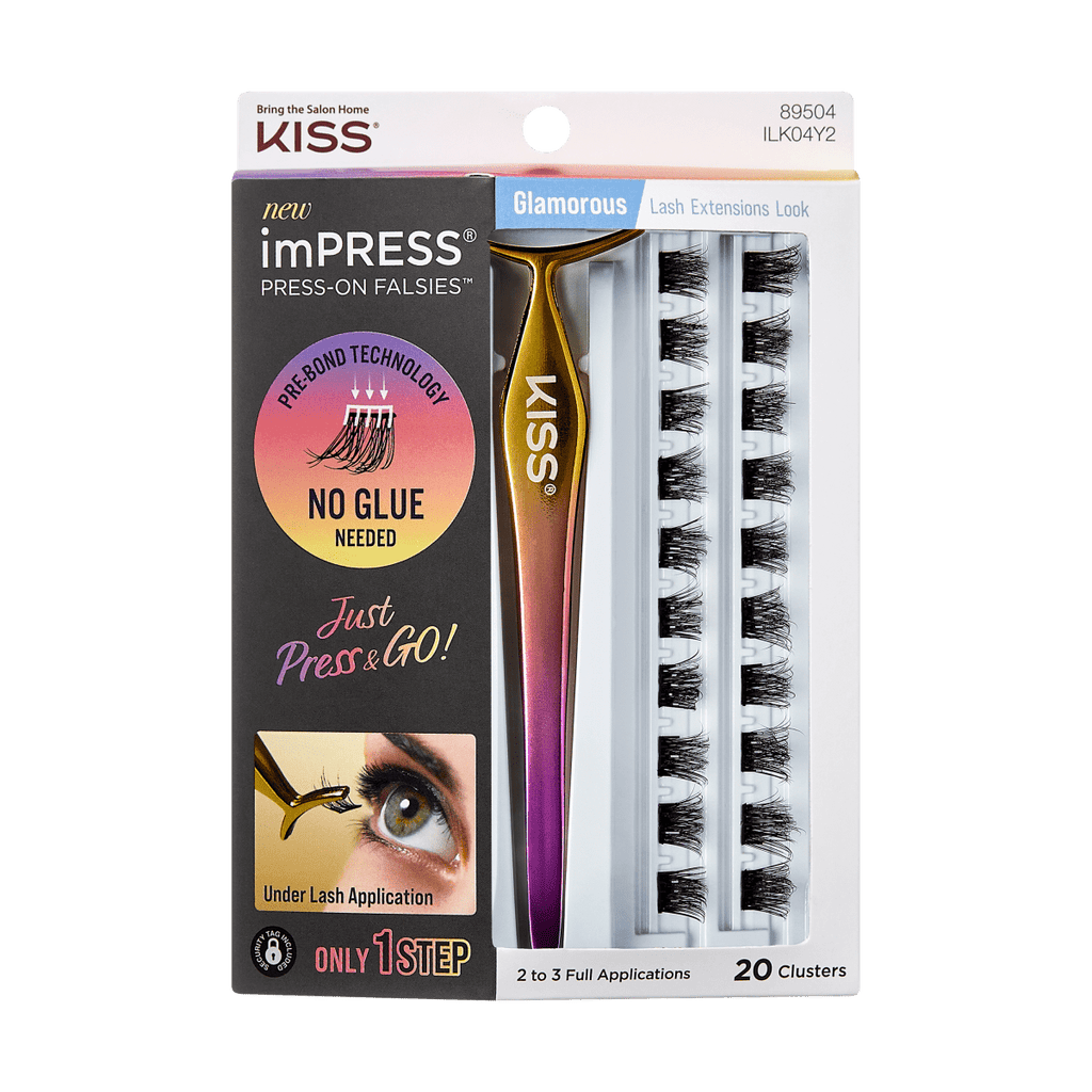 Impress Falsies Pre-Glued False Eyelashes Starter Kit - Glamorous | 20 Lash Clusters, With Applicator, 12mm-14mm