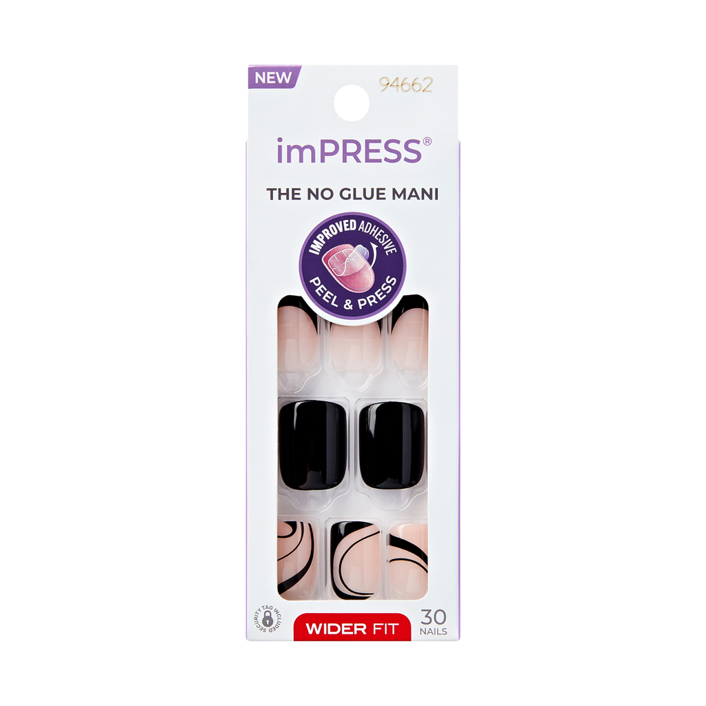 Impress Design No Glue Fake Press On Nails - Wide Fit - Black Dress | Design, Black, Wide Fit, Squoval, Manicure
