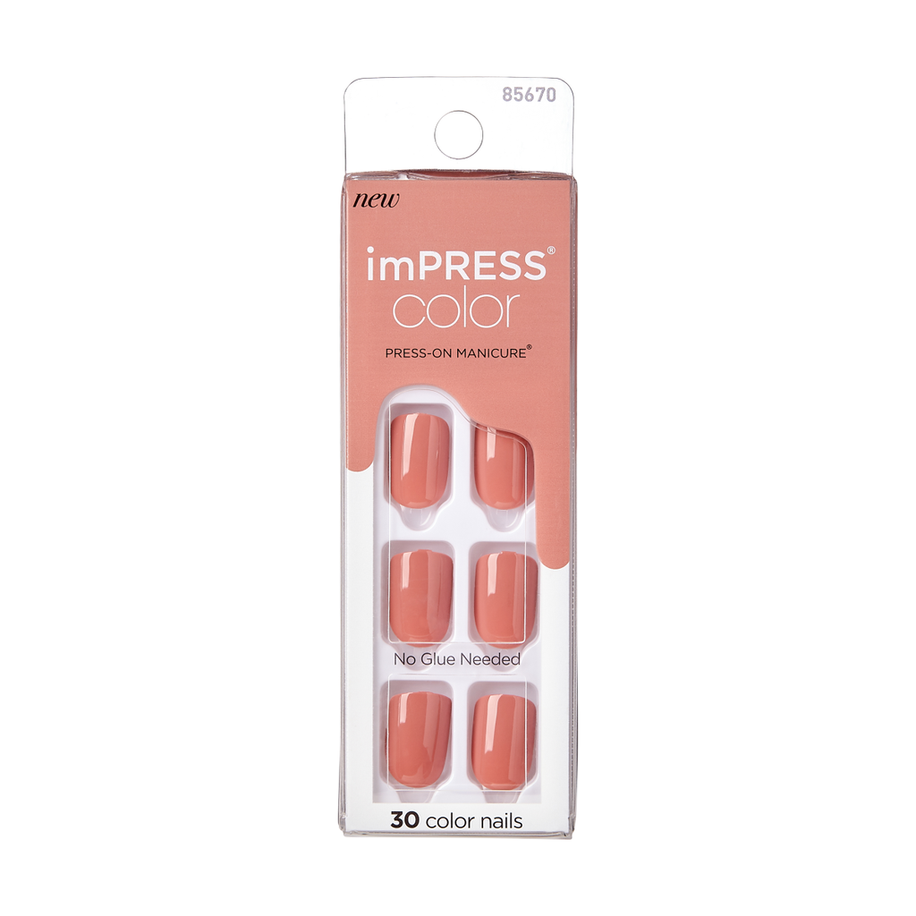 Impress Color No Glue Fake Press On Nails- Caramel | Solid, Pink, Short, Squoval, Manicure