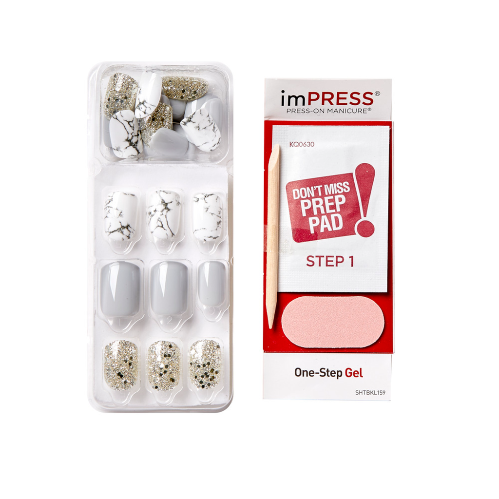 Impress Design No Glue Fake Press On Nails- Knock Out | Design, Gray, Short, Squoval, Manicure