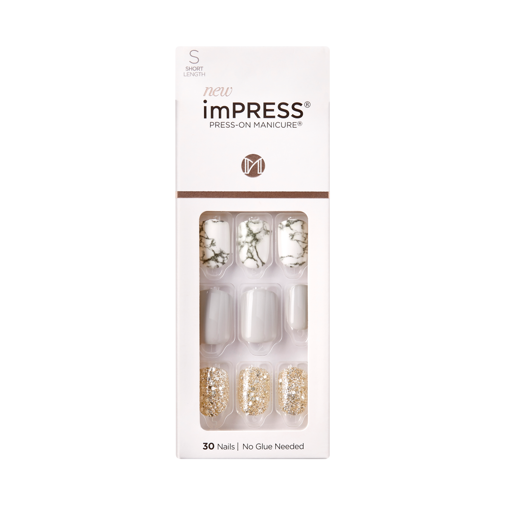 Impress Design No Glue Fake Press On Nails- Knock Out | Design, Gray, Short, Squoval, Manicure