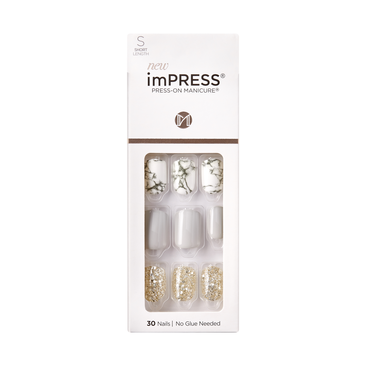 Impress Design No Glue Fake Press On Nails- Knock Out | Design, Gray, Short, Squoval, Manicure