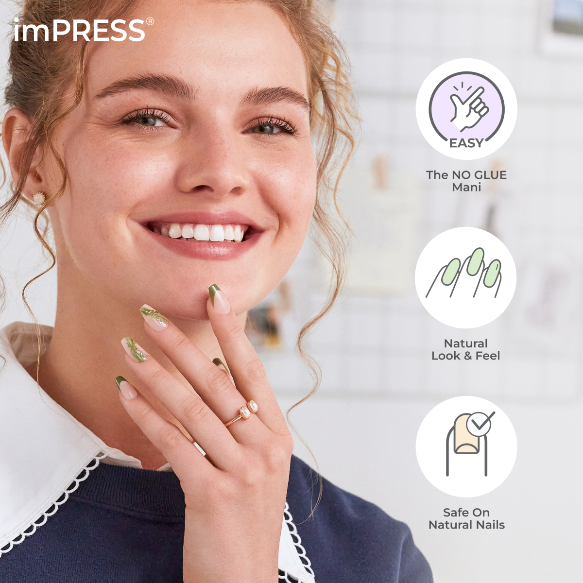 Impress Design No Glue Fake Press On Nails- Knock Out | Design, Gray, Short, Squoval, Manicure
