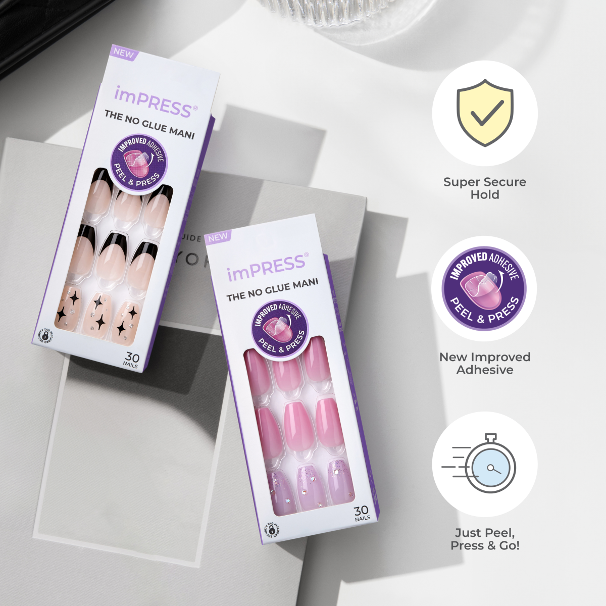Impress Design No Glue Fake Press On Nails- Knock Out | Design, Gray, Short, Squoval, Manicure