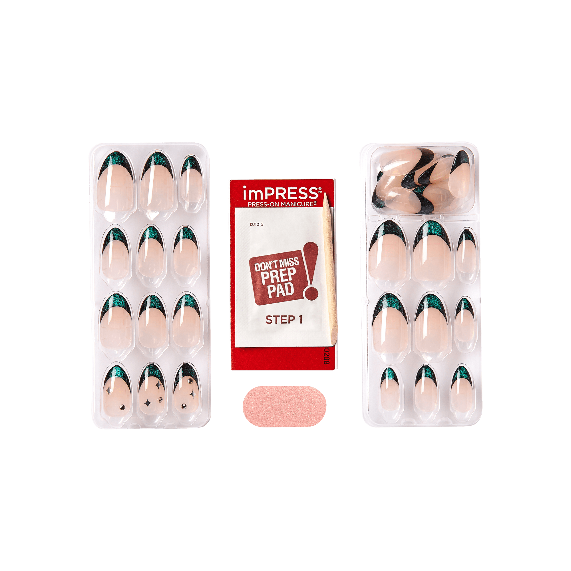 Impress Premium No Glue Fake Press On Nails - Visions | 3D & Jewel French, Metallic Green, Medium, Almond, Manicure