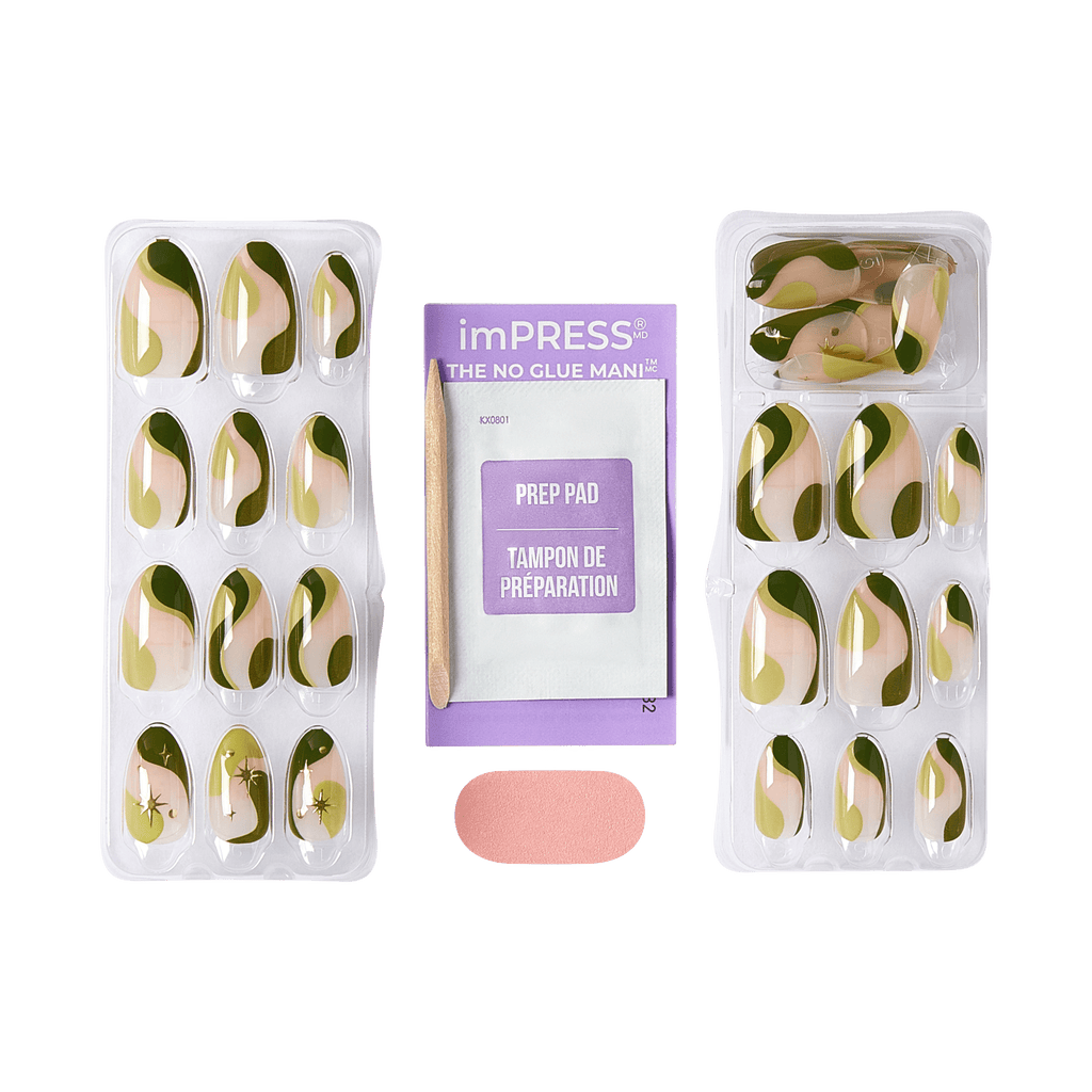 Impress Design No Glue Fake Press On Nails - Shining | 3D & Jewel Design,  Green, Medium, Almond, Manicure