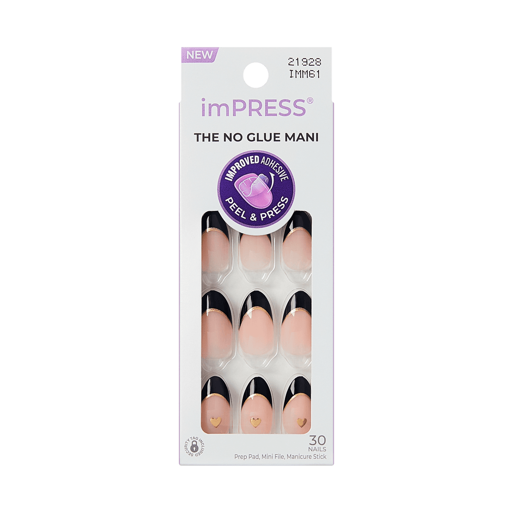 Impress Design No Glue Fake Press On Nails - Positive | French Design, Black, Medium, Almond, Manicure