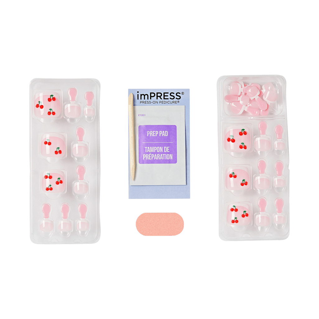 Impress Design No Glue Fake Press On Toenails - Sweet Life | French Design, Red, Short, Squoval, Pedicure